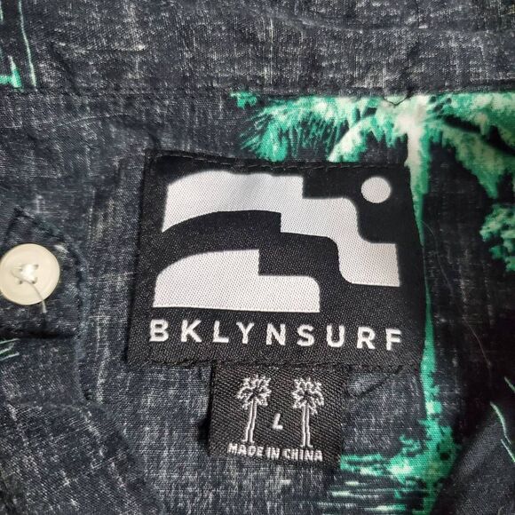 BKLYNSURF Men’s Button Up Shirt Large Black Green Palm Tree Print Short Sleeve 1 - Picture 4 of 7